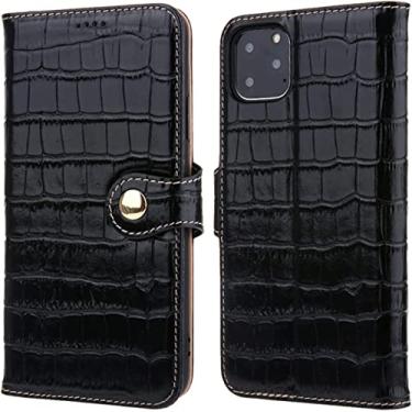 Imagem de HOUCY Capa carteira de couro genuíno para iPhone 14/14 Plus/14 Pro/14 Pro Max, suporte flip com padrão de crocodilo clássico com capa protetora para slot para cartão (cor: preto, tamanho: 14 Pro 6,1 polegadas)