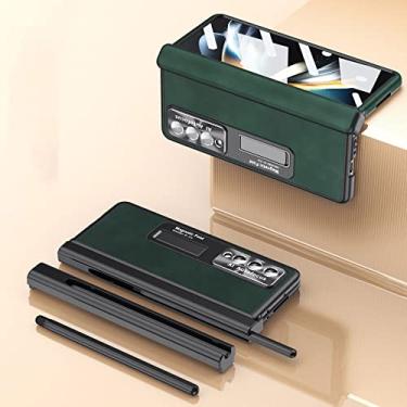 Imagem de Com caneta e 2 dobradiças Estojo de couro chapeado para Samsung Galaxy Z Fold 4 3 5G Suporte de ocultação Estojo protetor de tela, verde, para Galaxy Z Fold4