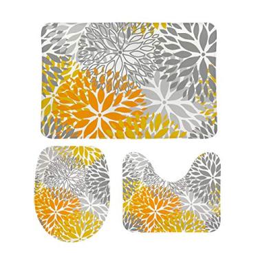 Imagem de Conjunto de 3 peças de tapetes de banheiro My Daily com flores de dália, laranja, abstrata, floral, em forma de U, tapete de banheiro antiderrapante