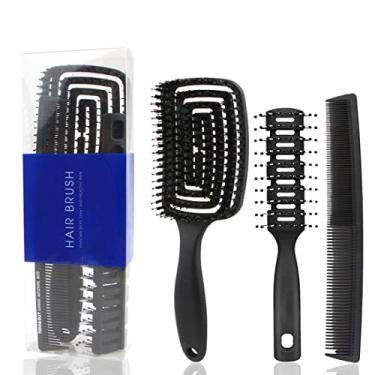 Imagem de Escova de cabelo | Conjunto de escovas de cabelo para mulheres | 3 peças de escovas de cabelo secas e molhadas | O pente anti-nó é adequado para todos os tipos de cabelo, escova alisadora de cabelo, pente de dentes largos para cabelos encaracolados, preto