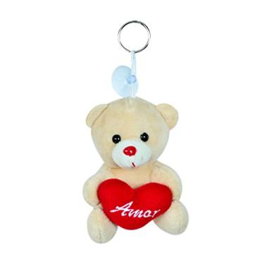 Imagem de Mini Ursinho de Pelúcia Chaveiro Ventosa Com Coração 10cm (Bege)