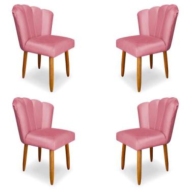 Imagem de Kit 4 Cadeiras De Jantar Pétala Estofada Pés Palito Veludo Rosa - Mont