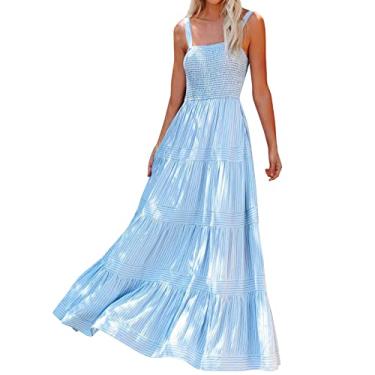 Imagem de UIFLQXX Vestidos femininos 2023 casual verão boho maxi vestidos com cinto listrado vestido longo praia, Azul claro, G
