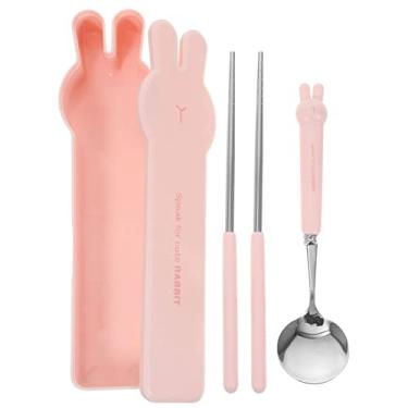 Imagem de Utensílios de viagem com estojo, utensílios portáteis com estojo em forma de coelho, conjunto de pauzinhos, garfo, colher para viagem, piquenique, rosa, talheres reutilizáveis