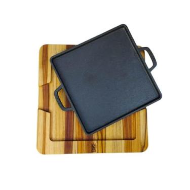 Imagem de Chapa De Ferro Fundido Com Suporte Madeira Conjunto Para Cozinha Kit Tábua Peça De Aço Maciço Churrasco Porção Bifeteira Carne Batata Fogão Gás E A Lenha Frigideira Mesa Posta Preparar Servir Petisco