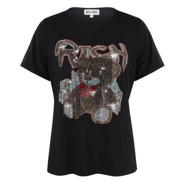 Imagem de PESION Camiseta feminina de manga curta com lantejoulas, gola redonda e estampa engraçada, Urso de pelúcia preto +, GG