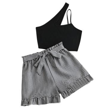 Imagem de Floerns Conjunto feminino de 2 peças, blusa cropped de ombro único e shorts com estampa xadrez, Preto e branco, G