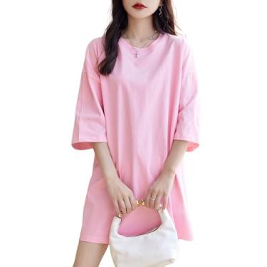 Imagem de Ailaile Camisetas femininas longas de verão, casuais, soltas, meia manga, gola redonda, 100% algodão, Flor de cerejeira rosa, M