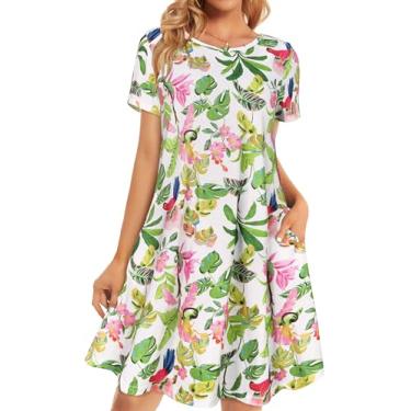Imagem de Vestidos femininos de verão camiseta casual de praia plus size floral manga curta soltos vestidos soltos, Folhas verdes rosa, G