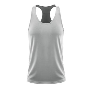Imagem de Camiseta regata masculina de compressão de cor sólida para treino de emagrecimento com costas nadador, Cinza, 3G