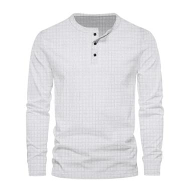 Imagem de Camisetas masculinas de manga comprida xadrez cor sólida abotoadas gola redonda pulôver camisetas casuais, Branco, G