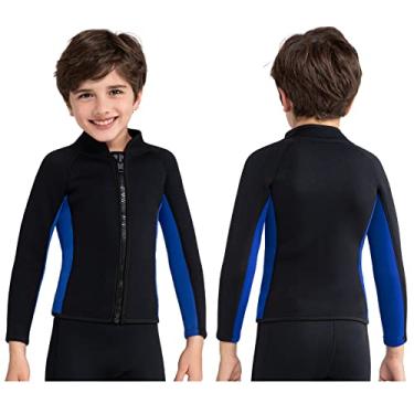 Imagem de REALON Roupa de mergulho infantil para crianças, meninos, meninas, 3 mm, neoprene, manga comprida, zíper frontal, roupa de banho térmica, para surfar, nadar, surfar, andar de barco