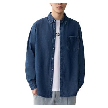 Imagem de Camisa jeans masculina, manga comprida, cor sólida, bolso frontal, abotoada, colarinho aberto, Azul-escuro, G
