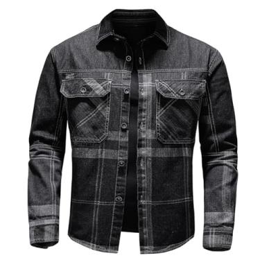 Imagem de Camisa jeans masculina de manga comprida, estampa xadrez, roupa externa, botões frontais, cintura ajustável, Preto, XG