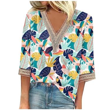 Imagem de Camisetas femininas de verão manga 3/4 com decote em V floral 2024, camisetas femininas casuais com acabamento em renda, blusas femininas elegantes e casuais, Multicolorido 139, 3G