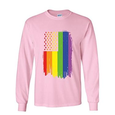 Imagem de Tee Hunt Camiseta de manga comprida com bandeira do arco-íris do orgulho gay envelhecido LGBTQ Love Wins, Rosa claro, P