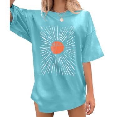 Imagem de Camiseta feminina grande com estampa de sol vintage estampa de sol, camisetas de caminhada, boho, verão, manga curta, Azul, G