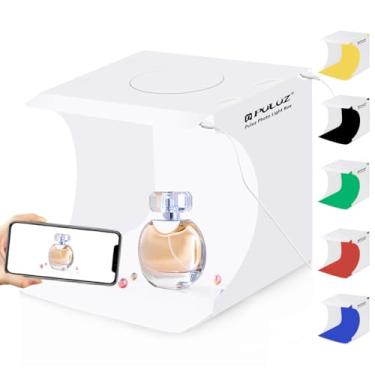 Imagem de Caixa de estúdio fotográfico com luz LED, kit de tenda de iluminação de fotografia portátil PULUZ de 20 cm, softbox de tiro branco dobrável com 2x20 luzes + 6 cenários para exibição de produto