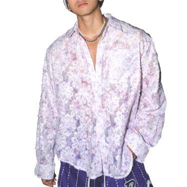 Imagem de Camisa masculina de malha floral de malha transparente transparente com botões, Roxa, G