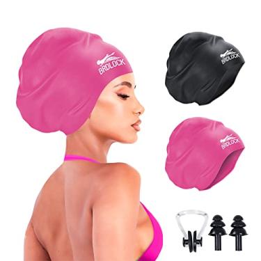 Imagem de BRDLOCK 2 pacotes de touca de natação extra grande para tranças de cabelo longo Dreadlocs touca de natação de silicone impermeável (grande, preto, rosa)