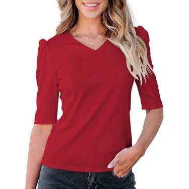Imagem de ECOWISH Camisas femininas de manga curta: verão elegante casual gola V canelada malha moda trabalho tops sexy básico blusas, Vermelho, G