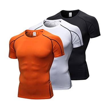 Imagem de Camisetas masculinas de compressão de manga curta para corrida, camisetas esportivas esportivas, 3 peças #Preto+branco + laranja#53, GG