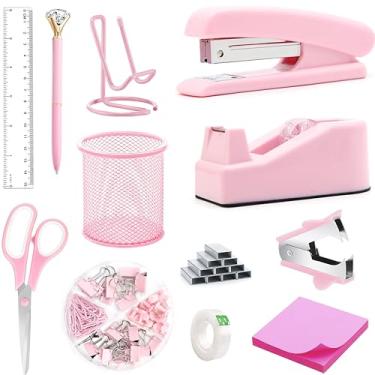 Imagem de Material de escritório rosa, acessórios de mesa rosa, grampeador, removedor de grampo, suporte de fita, suporte de caneta, caneta esferográfica, tesoura, clipes de fichário, 1000 peças de grampos,