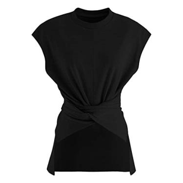 Imagem de CHICWISH Blusa feminina de algodão preto/branco/cinza com cintura cruzada sem mangas, Preto, P