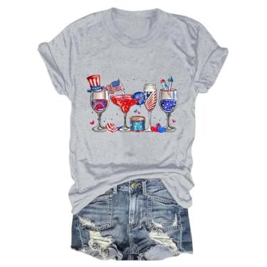Imagem de Camiseta feminina de 4 de julho com estampa de taças de vinho, bandeira dos EUA, patriótica, gola redonda, manga curta, Cinza, XXG