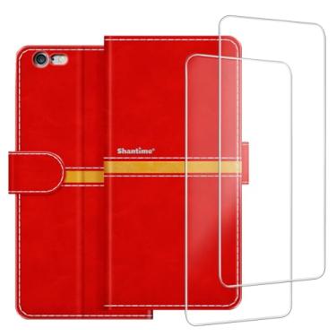 Imagem de ESACMOT Capa de celular compatível com iPhone 6 + [2 unidades] película protetora de tela de vidro, capa protetora magnética de couro premium para iPhone 6S (4,7 polegadas) vermelha