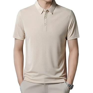 Imagem de Polos masculinos de poliéster cor sólida malha camisa manga curta stretch leve ajuste regular atlético respirável(Color:Apricot,Size:M)