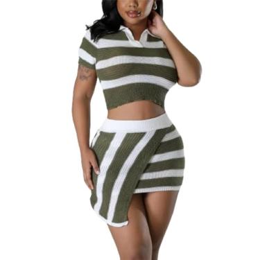 Imagem de Uni Clau Conjunto feminino de duas peças, minissaia de tricô, top cropped listrado, sexy, conjunto de 2 saias, roupa de clube, Verde, G