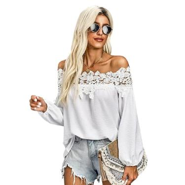 Imagem de Yueary Camisetas femininas com ombros de fora renda cor sólida solta casual verão suéter moderno pulôver sexy tamanho grande, Branco, M