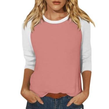 Imagem de Blusas femininas gola redonda manga 3/4 camiseta casual color block camiseta solta confortável camiseta túnica para treino, rosa, 3G
