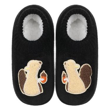 Imagem de ZYZX Pantufas femininas de animais com pegas, chinelos de malha quentes de inverno, divertidas, fofas, antiderrapantes, felpudas, aconchegantes e macias, meias forradas com lã, presentes, 137 preto,
