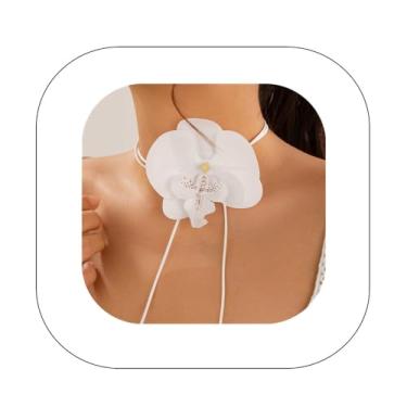 Imagem de Yheahin Colar gargantilha de flor de orquídea borboleta boêmia, grande, Phalaenopsis, colar de corda longa, gravata havaiana para festa na praia, joia de pescoço para mulheres, Plástico, Sem Pedra