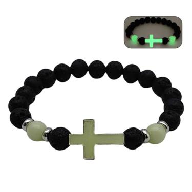 Imagem de GYRMMUE Pulseira luminosa gótica, pulseira de cruz preta vintage natural vulcânica pulseira de contas feita à mão para homens, Large, Pedra, Miçangas