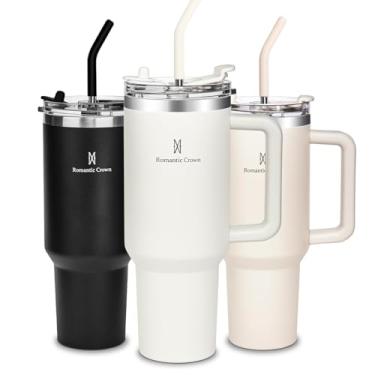 Imagem de Romantic Crown Copo Térmico com Canudo Tampa e Alça 1,18L, Copos Garrafas Termico para viagem vácuo dupla camada aço inoxidável, Caneca Termica Cafe Água Chá,Presente, Fitness (Creme)