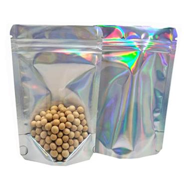 Imagem de Bolsas de bloqueio de zíper Mylar transparente com suporte reutilizável Bolsas de vedação térmica Parte inferior de reforço Alumínio Foil Bolsa de armazenamento de alimentos, Clear / Glittery Silver, 4.3x6.3 inch, 50