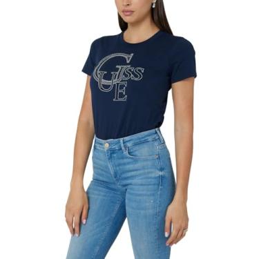 Imagem de GUESS Camiseta feminina de manga curta cravejada, Suiting Blue, GG