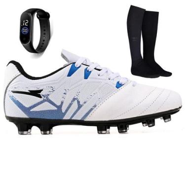 Imagem de Kit Chuteira Futebol Campo Bico de Couro Gramado Natural + Meião + Rel