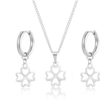 Imagem de kit Colar Brinco argola não escurece aço inox antialérgico prata 4 fol