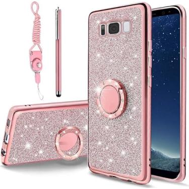 Imagem de B-wishy Capa protetora para Samsung Galaxy S8 Glitter Cristal Borboleta Coração Floral Slim TPU Luxo Bling Bonito com KickStand + Alça para Samsung Galaxy S8 (Rosa Brilhante)
