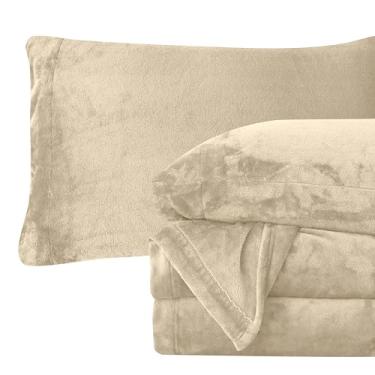 Imagem de Elegant Comfort Conjunto de lençóis luxuosamente macios de flanela de veludo de 4 peças – qualidade premium – aconchegante, quente, antiestático, veludo felpudo, flanela, bolso profundo – Queen, creme
