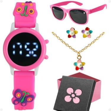 Imagem de Relógio Digital Infantil Pink Menina + Brinco + Colar Brinco Rosa Cria