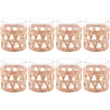 Imagem de Conjunto 8 Copos Baixos de Vidro Wolff com Sisal 320ml Decorados Fibra Natural Rústicos