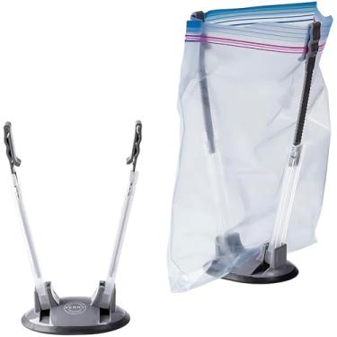 Imagem de PPP (pacote com 2) Porta-prateleira folgada para saco de preparação de alimentos | Planejamento de refeições | Suporte de saco Ziploc | Suporte de saco ajustável para freezer | Suporte baggie mãos livres | Base de borracha antiderrapante (cinza)