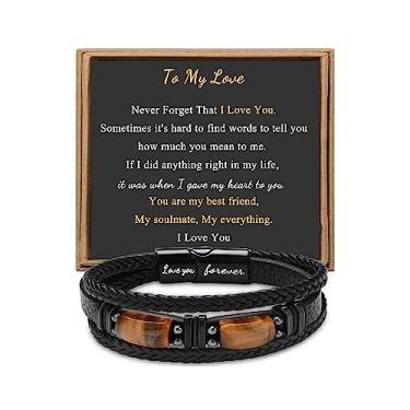 Imagem de x:li x:li para homens Pai, namorado, filho, neto, irmão, amo-te, eterno, olho de tigre, pedra do dia dos pais, aniversário, aniversário, Natal, joia preta, 19 cm, 7.5 inches, Couro, Sem pedras preciosas