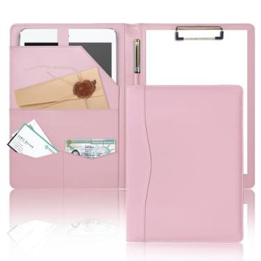 Imagem de Pasta de portfólio padfolio, pasta de couro para prancheta, pasta de folhas soltas com capa pasta rosa A4 com bolsos, pasta de currículo para negócios, escola, escritório, reunião, pasta de negócios