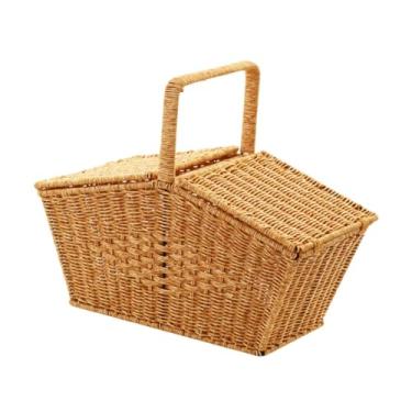 Imagem de IEUDNS Cesto de, cesta tecida, cesta de vime de imitação artesanal, cesta de serviço de armazenamento para legumes, frutas e pão, Amarelo